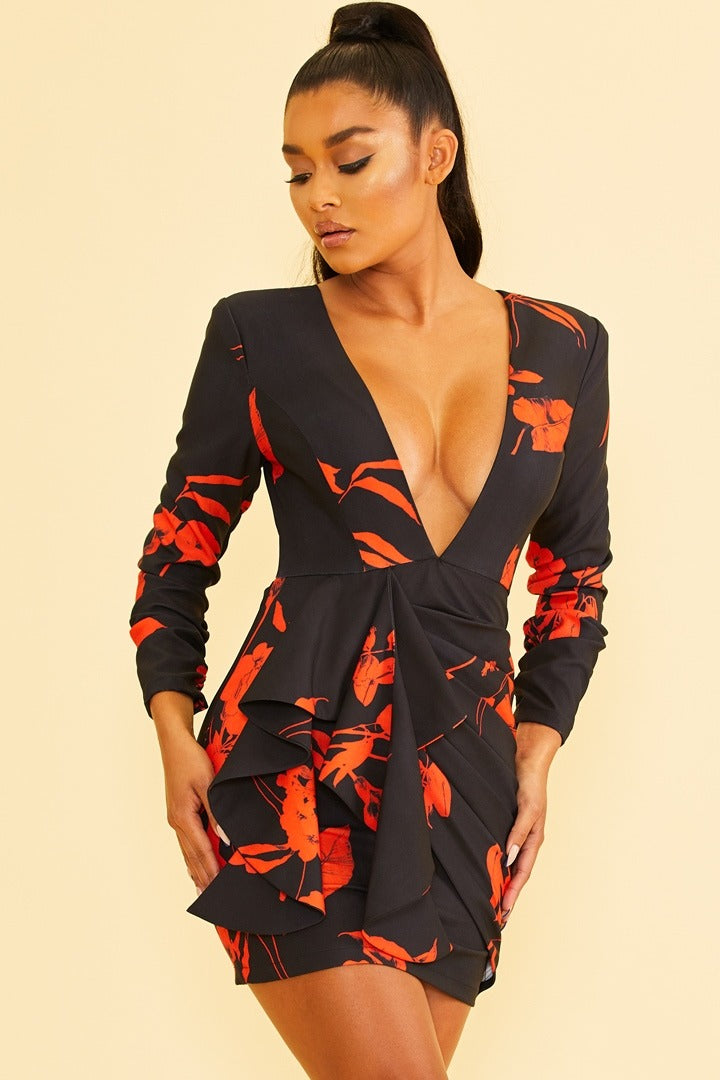 Elegant Black Red Floral Print Deep V-Neck Ruffle Tie-Up Open Back Dress with Long Sleeve