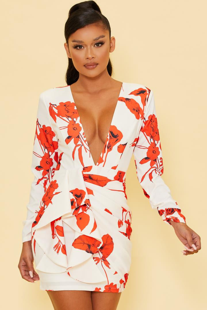 Elegant White Red Floral Print Deep V-Neck Ruffle Tie-Up Open Back Dress with Long Sleeve