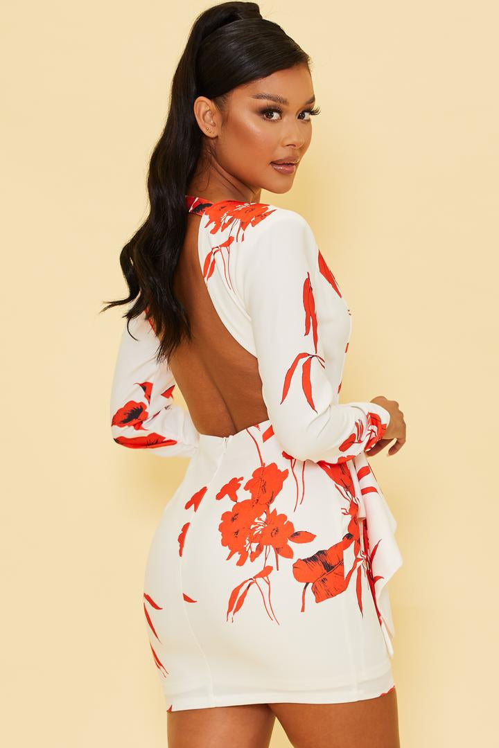 Elegant White Red Floral Print Deep V-Neck Ruffle Tie-Up Open Back Dress with Long Sleeve L / White Elegant White Red Floral Print Deep V-Neck Ruffle Tie-Up Open Back Dress with Long Sleeve L / White