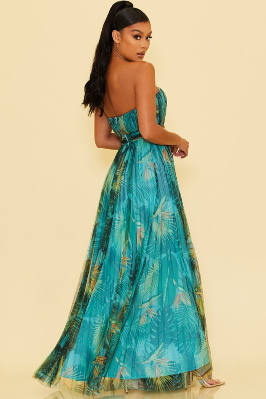 Elegant Strapless Blue Green Tropical Print Pleated Maxi Dress