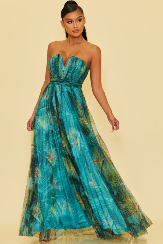 Elegant Strapless Blue Green Tropical Print Pleated Maxi Dress