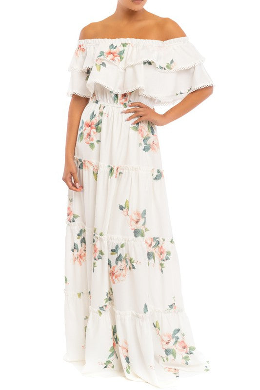 Elegant White Multi-Color Floral Print Off Shoulder Ruffle Tassel Maxi Dress