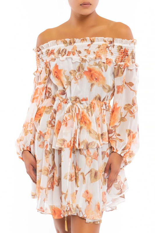 Elegant White Multi-Color Floral Print Off Shoulder Ruffle Dress with Bell Sleeve