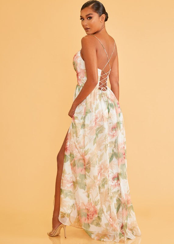 Elegant Strap White Multi-Color Floral Print Lace-Up Back Maxi Dress