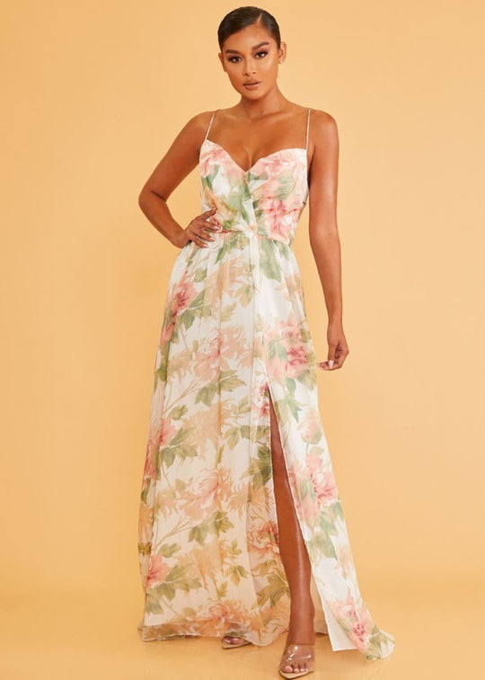 Elegant Strap White Multi-Color Floral Print Lace-Up Back Maxi Dress