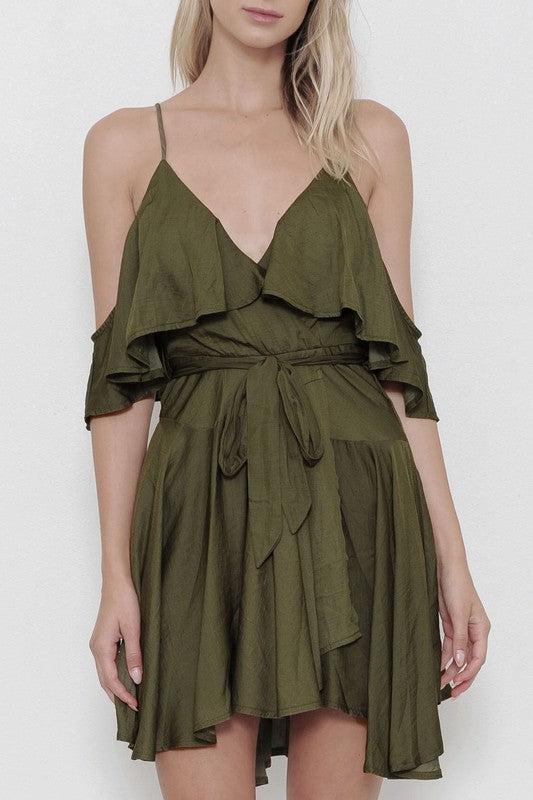 Fashion Off Shoulder Ruffle Olive Dress