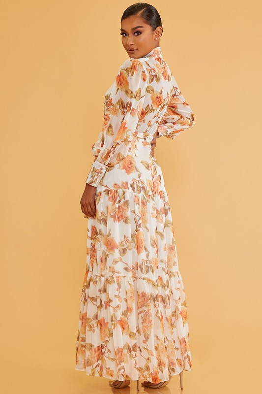Elegant White Multi-Color Floral Print Button Down Tie-Up Ruffle Maxi Dress with Long Sleeve