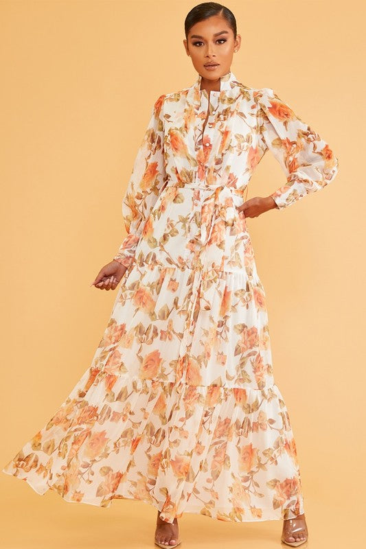 Elegant White Multi-Color Floral Print Button Down Tie-Up Ruffle Maxi Dress with Long Sleeve