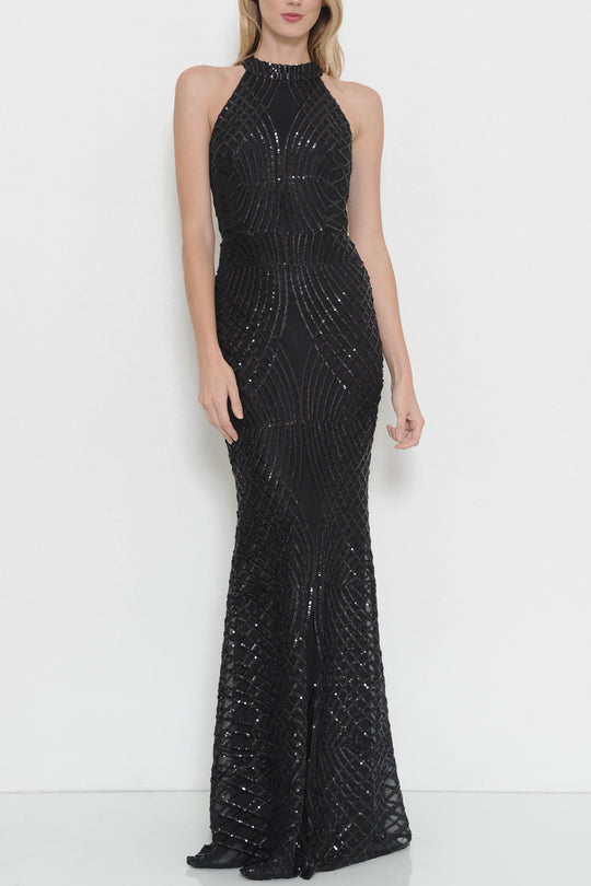 Elegant Halter Open Back Cocktail Sequence Black Gown Dress