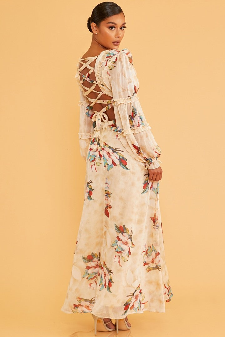 Elegant Ivory Multi-Color Floral Print V-Neck Ruffle Cut-Out Back Tie-Up Maxi Dress with Long Sleeve