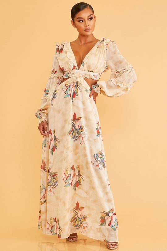 Elegant Ivory Multi-Color Floral Print V-Neck Ruffle Cut-Out Back Tie-Up Maxi Dress with Long Sleeve