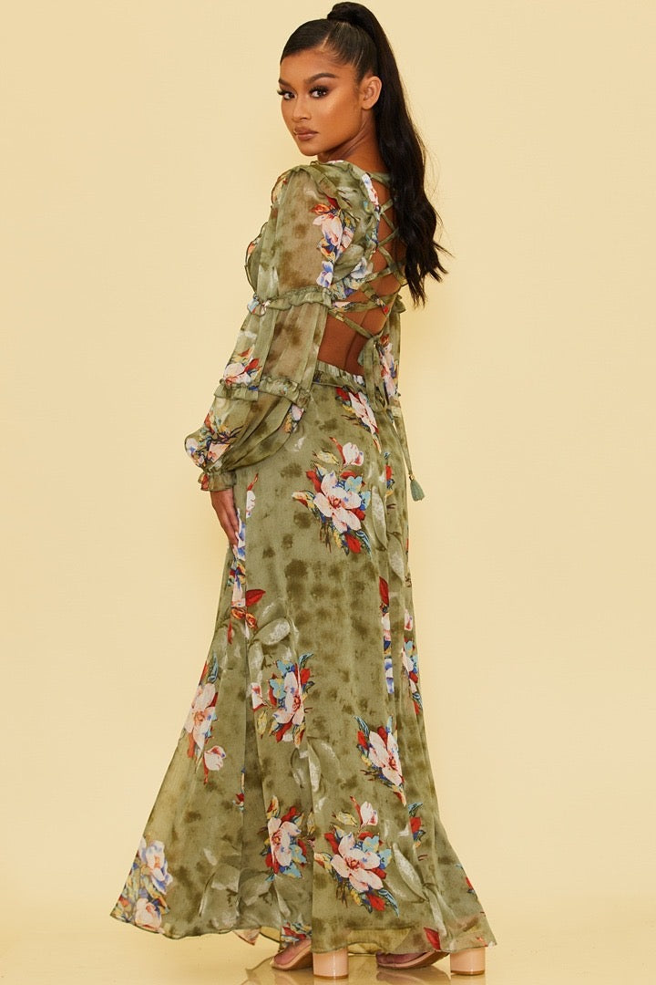Elegant Olive Multi-Color Floral Print V-Neck Ruffle Cut-Out Back Tie-Up Maxi Dress with Long Sleeve