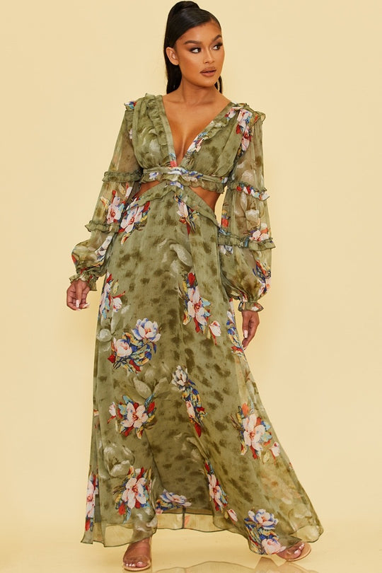 Elegant Olive Multi-Color Floral Print V-Neck Ruffle Cut-Out Back Tie-Up Maxi Dress with Long Sleeve