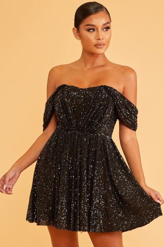 Elegant Cocktail Off Shoulder V-Neck Black Sequence Dress