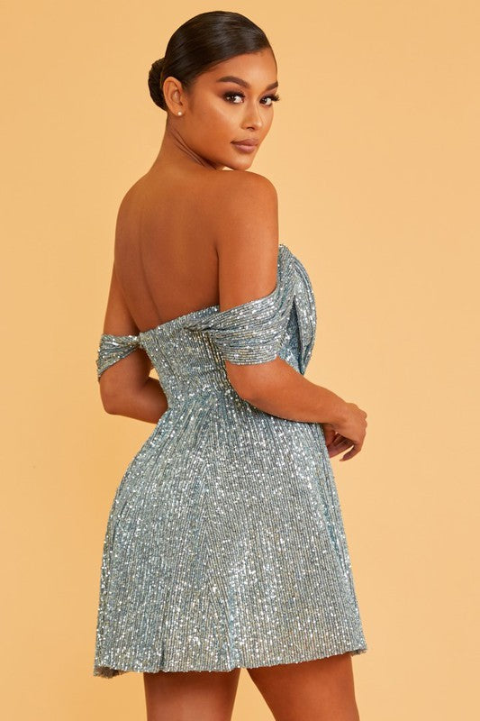 Elegant Cocktail Off Shoulder V-Neck Slate Blue Sequence Dress L / Blue Elegant Cocktail Off Shoulder V-Neck Slate Blue Sequence Dress L / Blue
