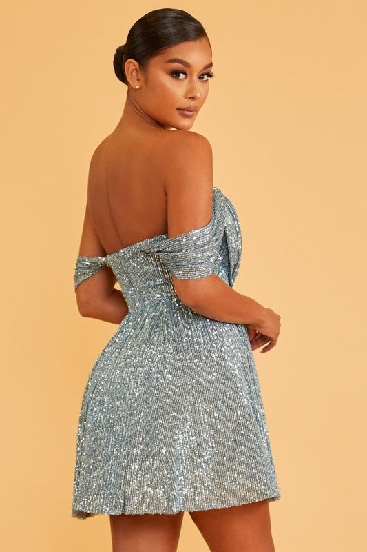 Elegant Cocktail Off Shoulder V-Neck Slate Blue Sequence Dress
