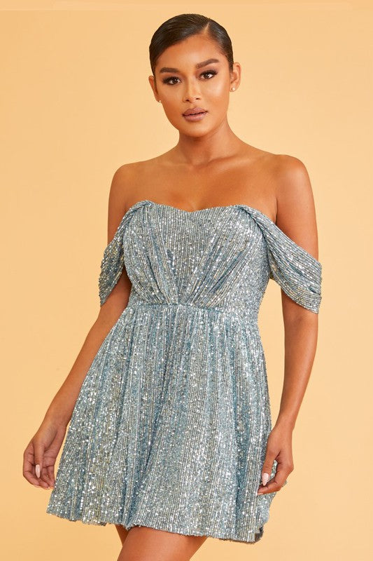 Elegant Cocktail Off Shoulder V-Neck Slate Blue Sequence Dress