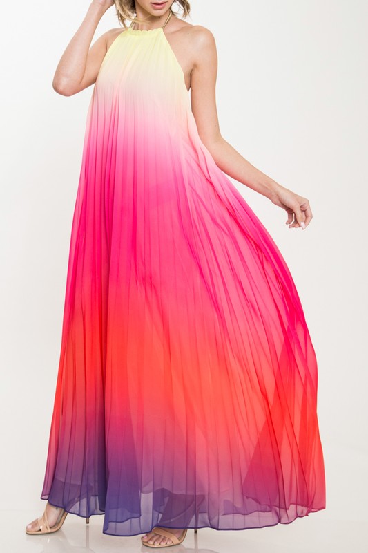 Fashion Multi-Color Halter Open Back Watercolor Maxi Dress