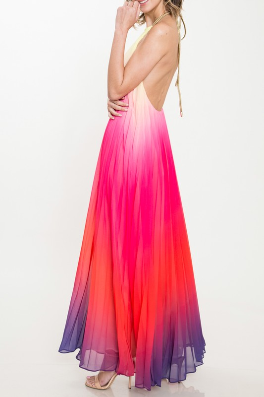 Fashion Multi-Color Halter Open Back Watercolor Maxi Dress