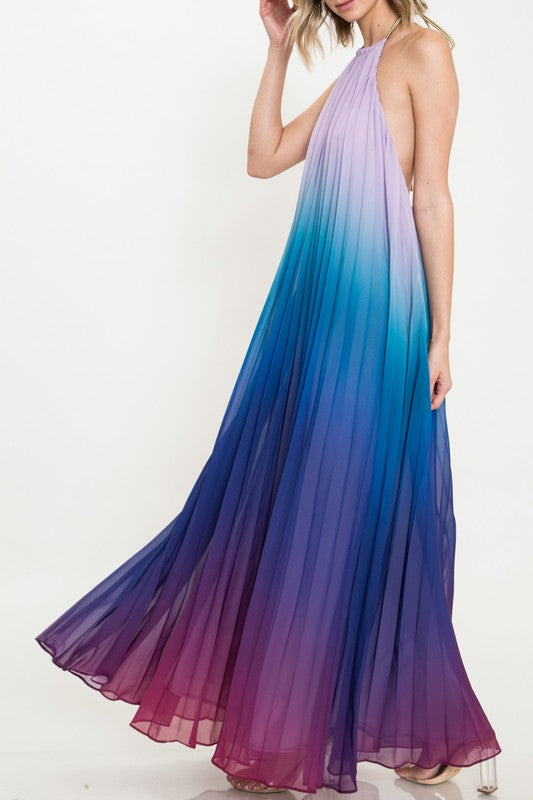 Fashion Blue Multi-Color Halter Open Back Watercolor Maxi Dress