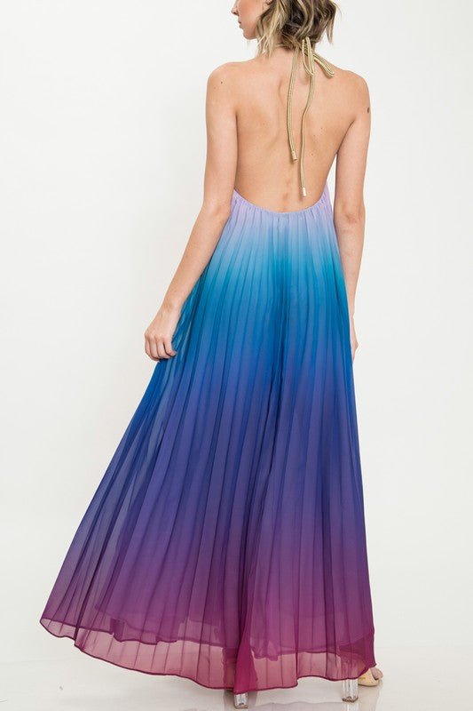 Fashion Blue Multi-Color Halter Open Back Watercolor Maxi Dress