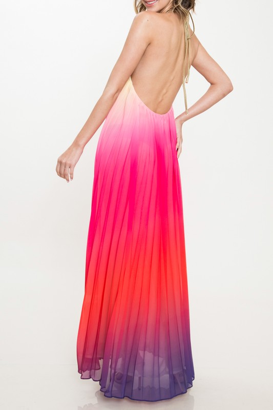 Fashion Multi-Color Halter Open Back Watercolor Maxi Dress