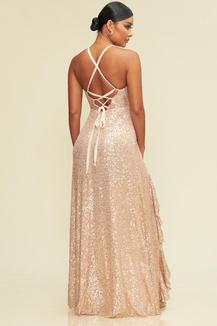 Elegant Strap Ruffle Rose Gold Sequence Maxi Dress with Middle Slit