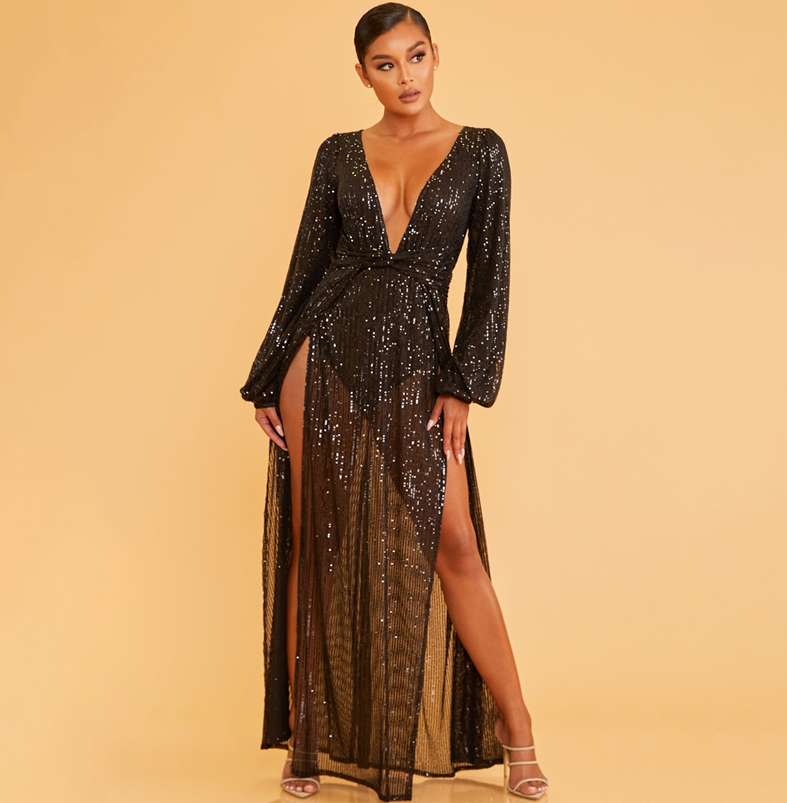 Elegant Black Sequence Deep V-Neck Cut-Out Maxi Dress with Long Sleeve
