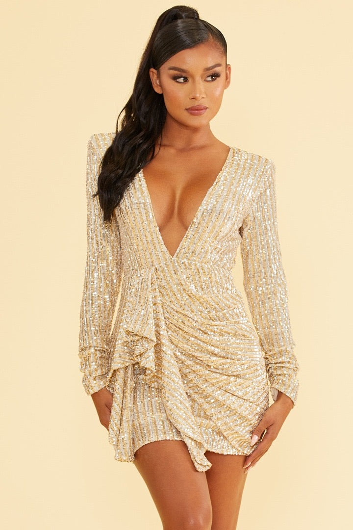 Elegant Gold Silver Sequence Deep V-Neck Ruffle Tie-Up Open Back Dress with Long Sleeve