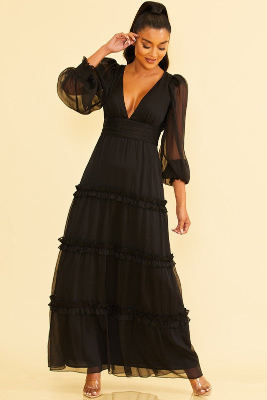 Elegant Black V-Neck Ruffle Maxi Dress with Bell Sleeve