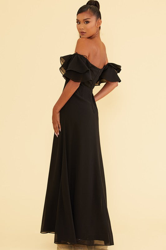 Elegant Off Shoulder Ruffle Black Maxi Dress with Middle Slit