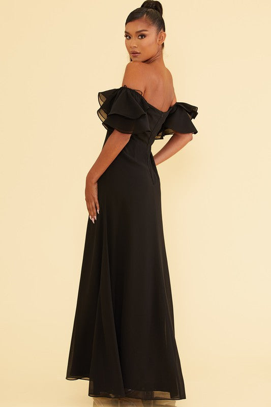Elegant Off Shoulder Ruffle Black Maxi Dress with Middle Slit EDITE MODE Elegant Off Shoulder Ruffle Black Maxi Dress with Middle Slit EDITE MODE