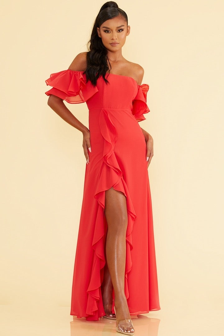 Elegant Off Shoulder Ruffle Red Maxi Dress with Middle Slit