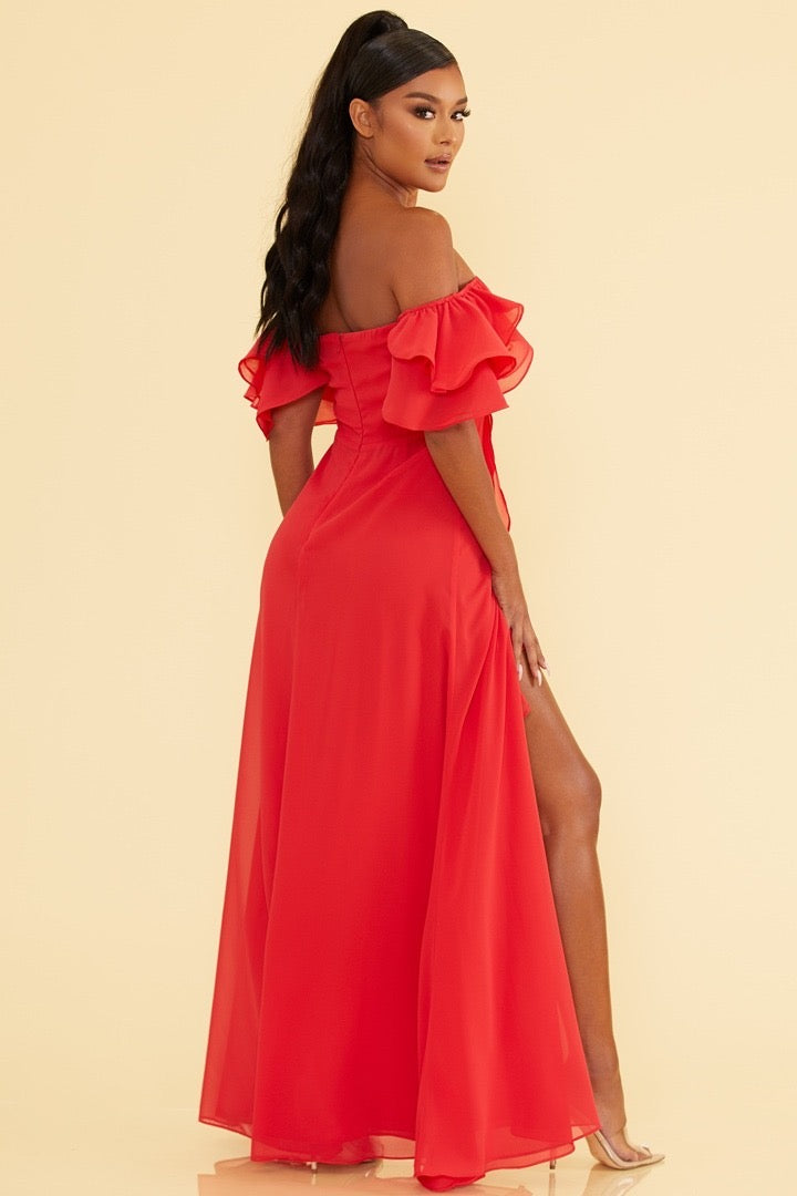 red maxi dress with slit Elegant Off Shoulder Ruffle Red Maxi Dress with Middle Slit