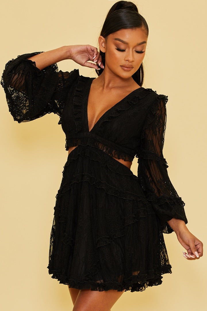 Elegant Black Lace Detailed V-Neck Ruffle Cut-Out Back Tie-Up Dress with Long Sleeve