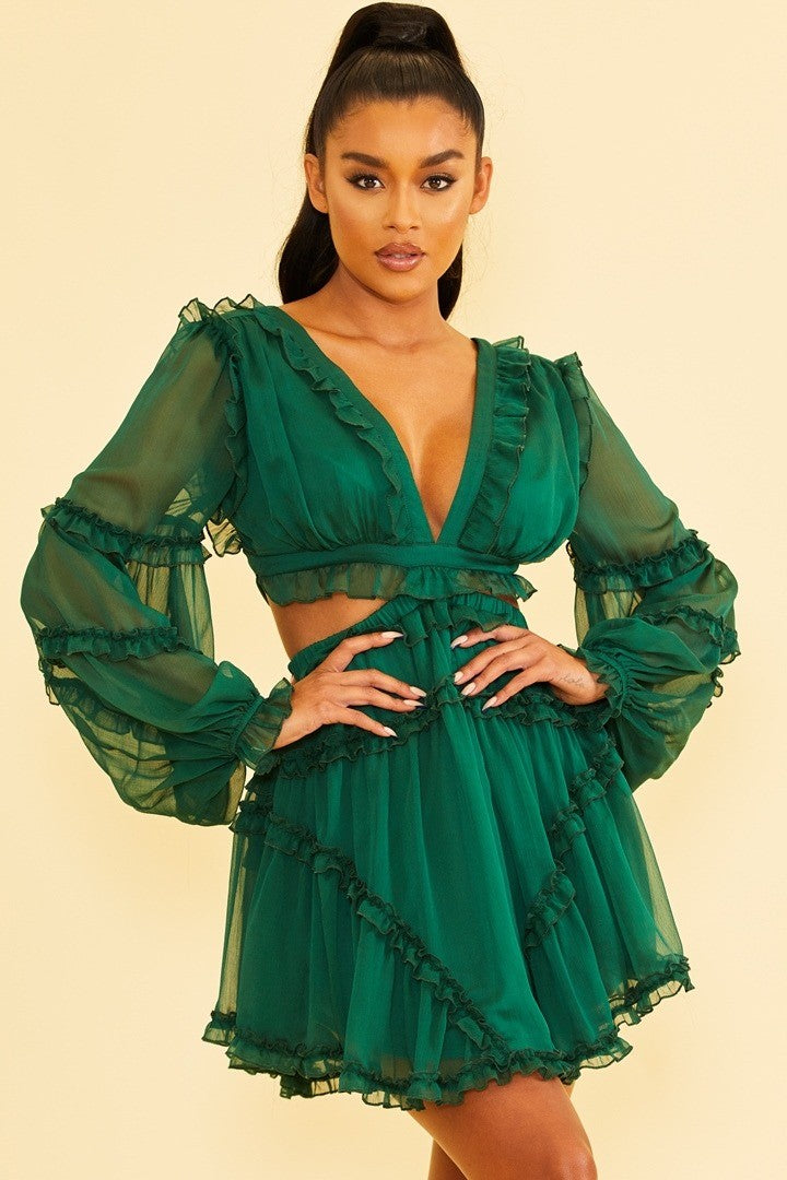 Elegant Hunter Green V-Neck Ruffle Cut-Out Back Tie-Up Dress with Long Sleeve