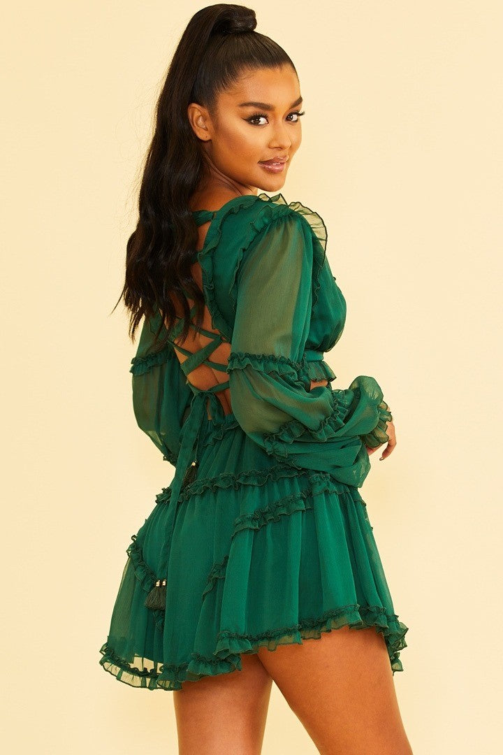 Elegant Hunter Green V-Neck Ruffle Cut-Out Back Tie-Up Dress with Long Sleeve
