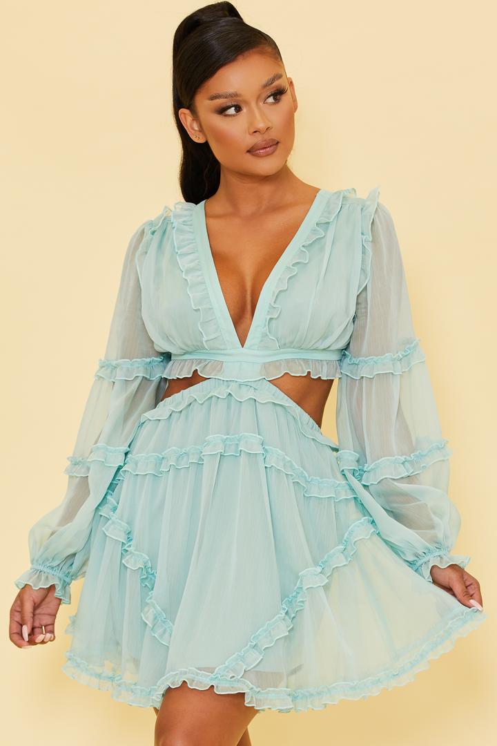 Elegant Mint V-Neck Ruffle Cut-Out Back Tie-Up Dress with Long Sleeve