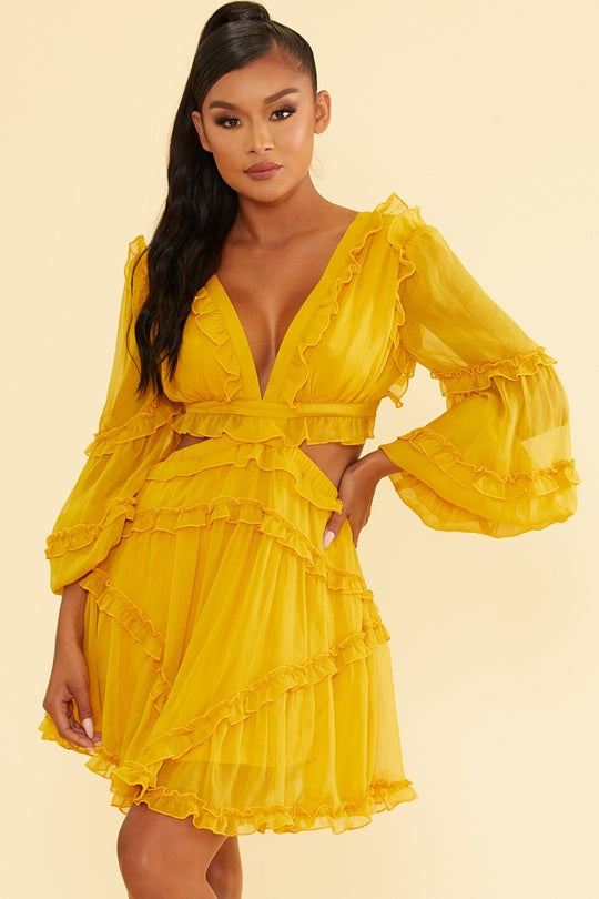 Elegant Mustard V-Neck Ruffle Cut-Out Back Tie-Up Dress with Long Sleeve