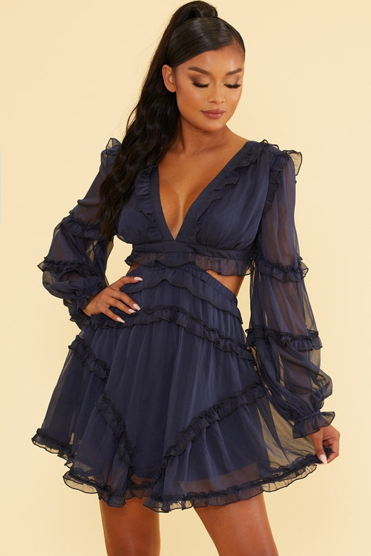 Elegant Navy V-Neck Ruffle Cut-Out Back Tie-Up Dress with Long Sleeve
