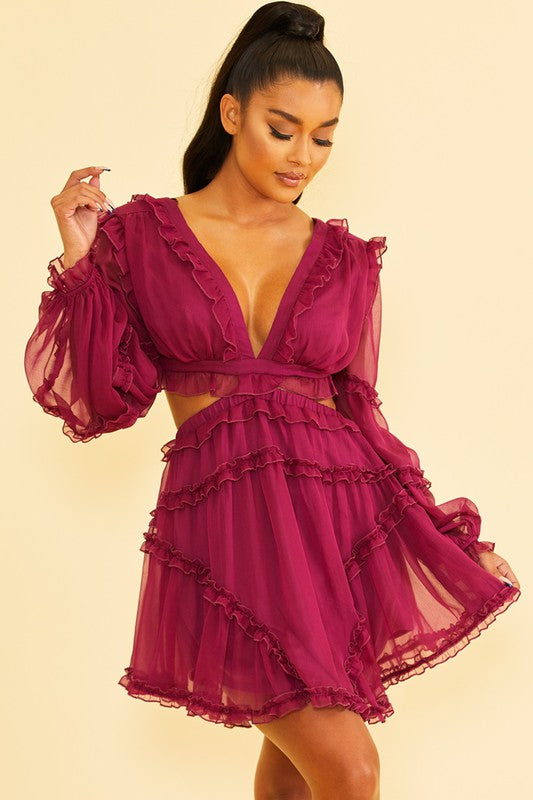 Elegant Plum V-Neck Ruffle Cut-Out Back Tie-Up Dress with Long Sleeve