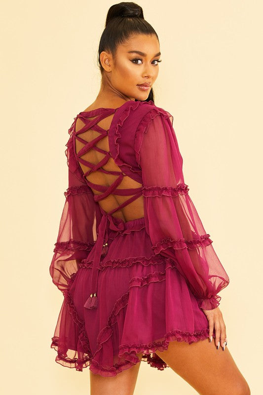 Elegant Plum V-Neck Ruffle Cut-Out Back Tie-Up Dress with Long Sleeve
