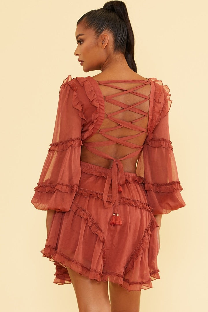 Elegant Rose V-Neck Ruffle Cut-Out Back Tie-Up Dress with Long Sleeve