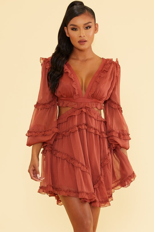 Elegant Rose V-Neck Ruffle Cut-Out Back Tie-Up Dress with Long Sleeve