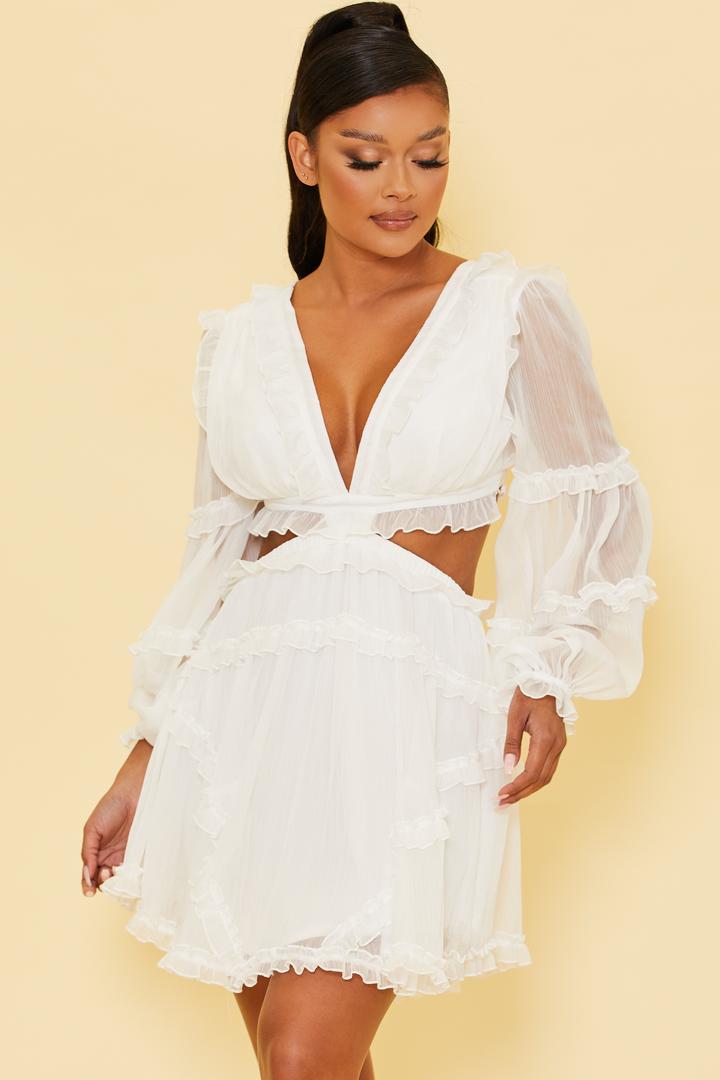 Elegant White V-Neck Ruffle Cut-Out Back Tie-Up Dress with Long Sleeve