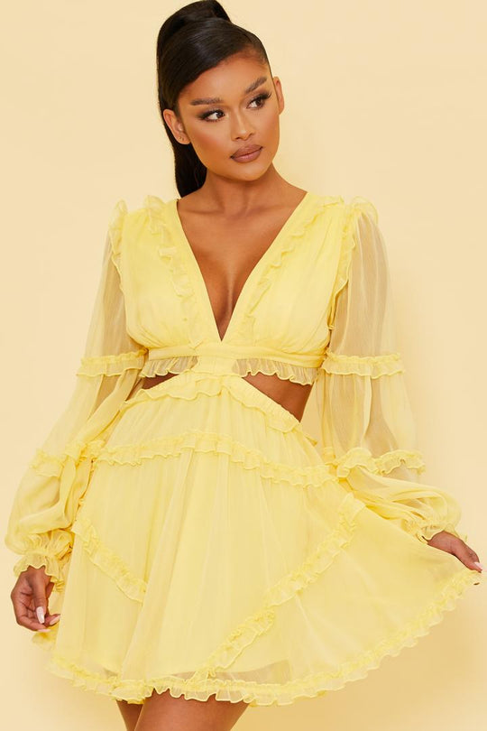 Elegant Yellow V-Neck Ruffle Cut-Out Back Tie-Up Dress with Long Sleeve