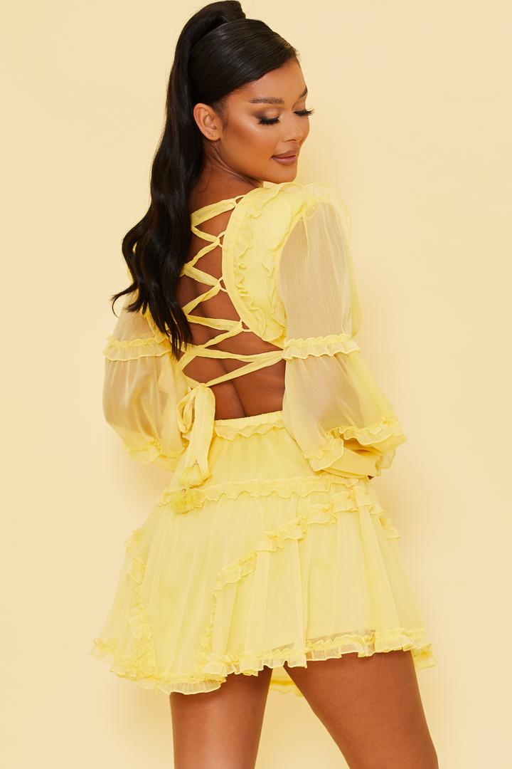 Elegant Yellow V-Neck Ruffle Cut-Out Back Tie-Up Dress with Long Sleeve