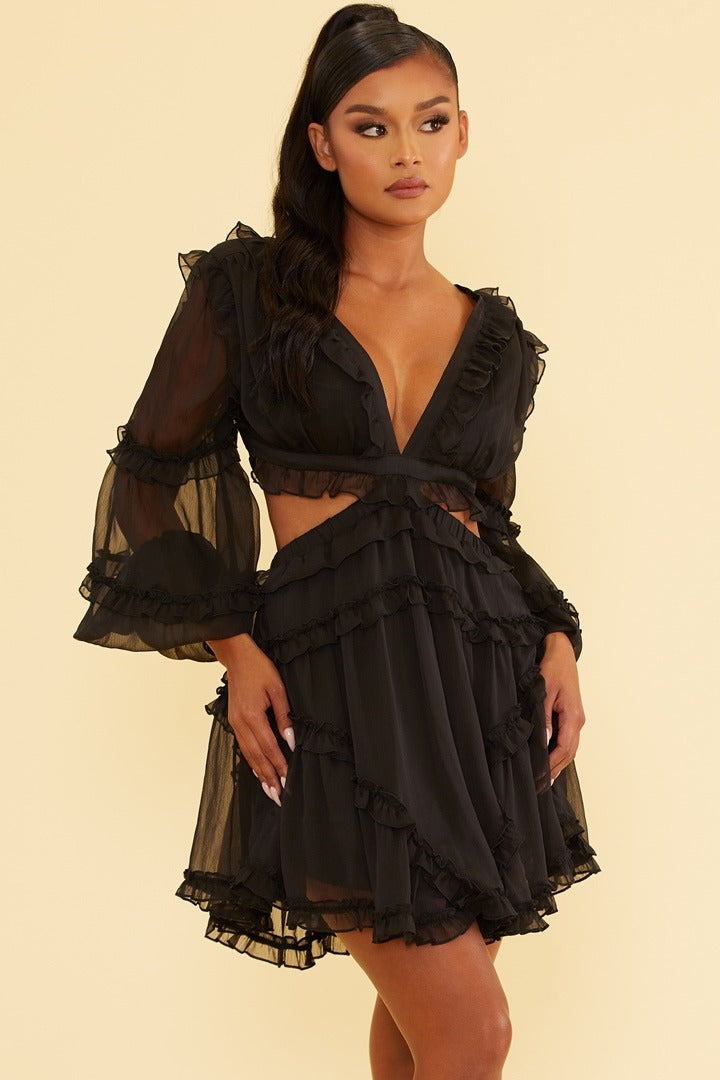 Elegant Black V-Neck Ruffle Cut-Out Back Tie-Up Dress with Long Sleeve