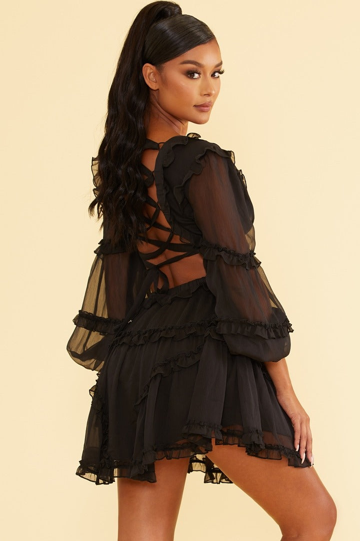 Elegant Black V-Neck Ruffle Cut-Out Back Tie-Up Dress with Long Sleeve