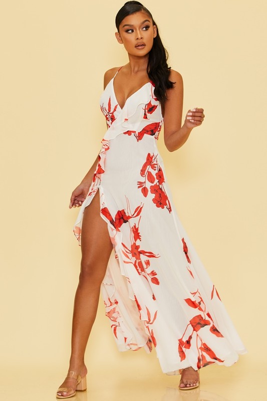 Fashion Strap Ruffle White Red Floral Print Maxi Dress with Middle Slit